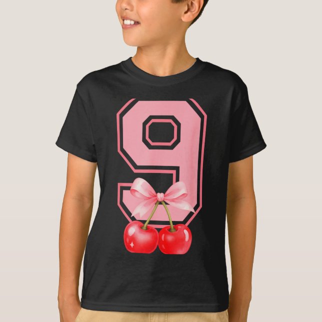 Cute 9th Birthday Girl Nk Cherry Coquette Bow 9 Ye T Shirt (Framsida)