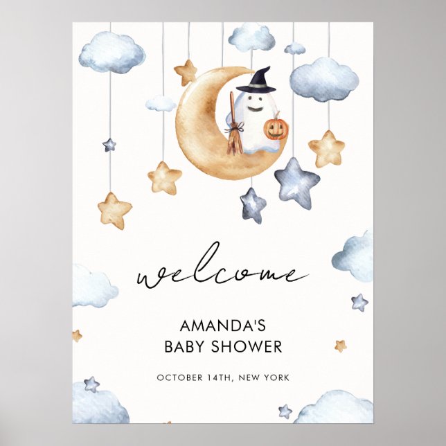 Cute A Little Boo Måne Stars Baby Shower Välkommen Poster (Framsidan)