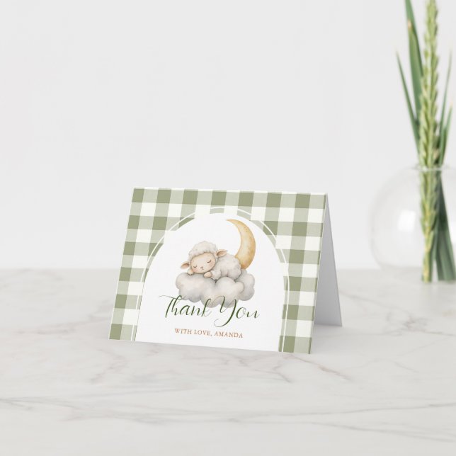 Cute A little lamb baby shower Sage Green Gingham Tack Kort (Framsida)
