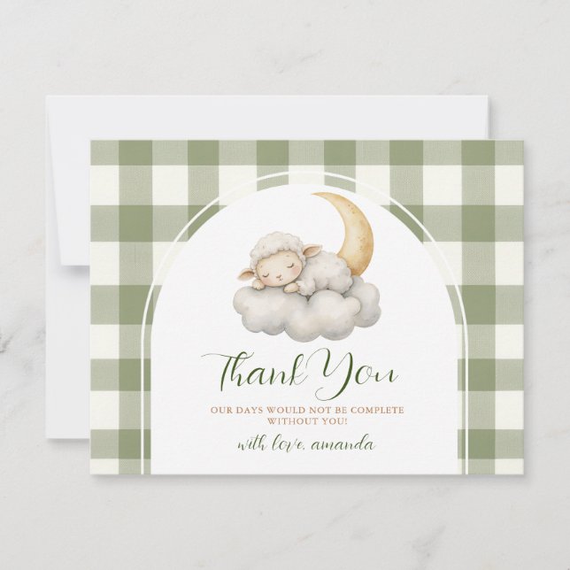 Cute A little lamb baby shower Sage Green Gingham Tack Kort (Framsida)
