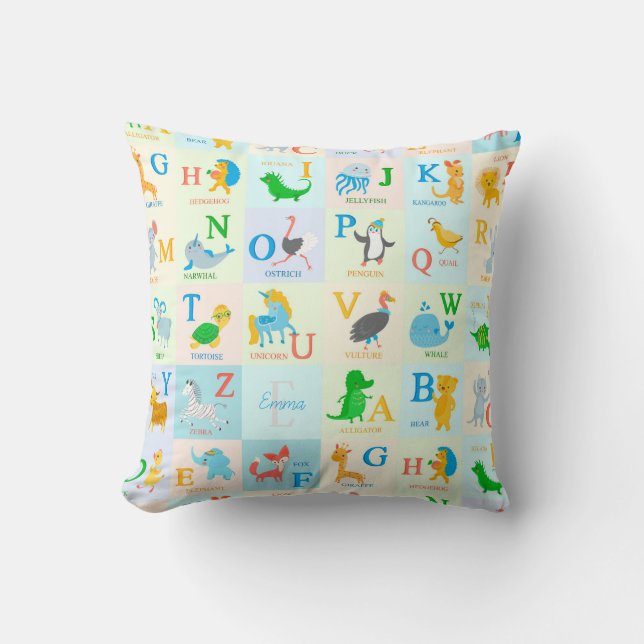 Cute ABC Animal Alphabet Mönster med första Namn Kudde (Framsida)