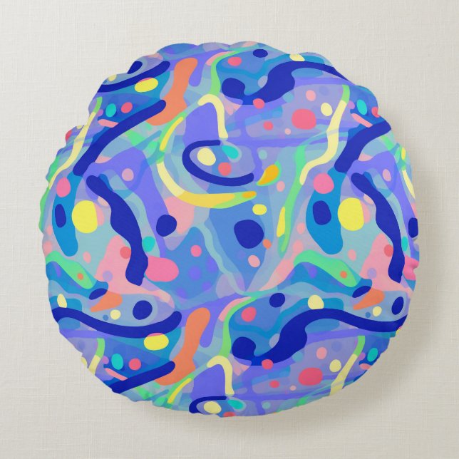 Cute Abstrakt Blue Pastel Neon Upprepande Mönster Rund Kudde (Framsidan)