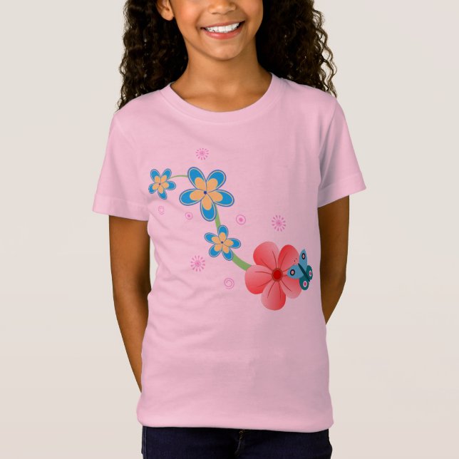 Cute Abstrakt Butterfly på Rosa och Blåa blommor Tee Shirt (Framsida)