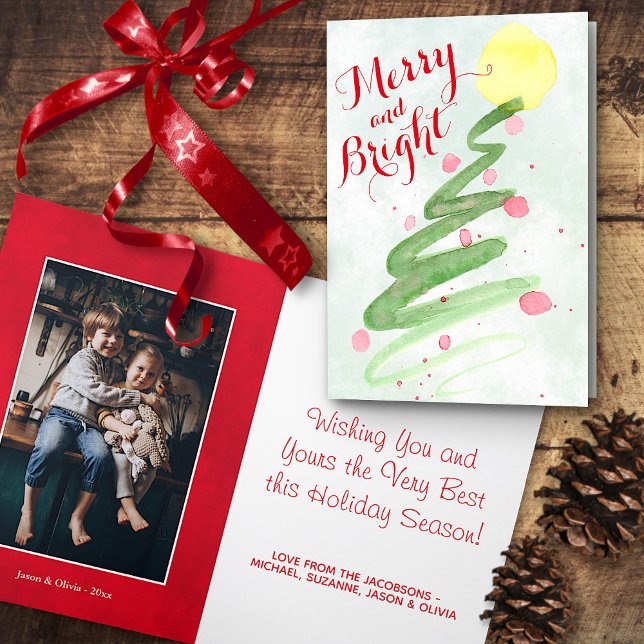 Cute Abstrakt Watercolor Julgran Photo Helgkort (In Situ Front/Inside)