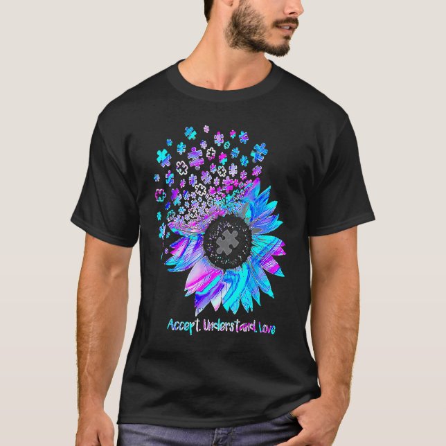 Cute Accept Understand Love Sunflower Autism Aware T Shirt (Framsida)