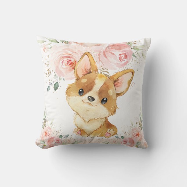 Cute Adful Corgi Hund  Rosa Blommigt Girl Kudde (Framsida)