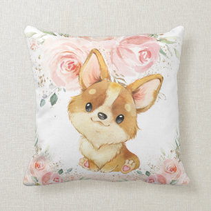 Cute Adful Corgi Hund Rosa Blommigt Girl Kudde