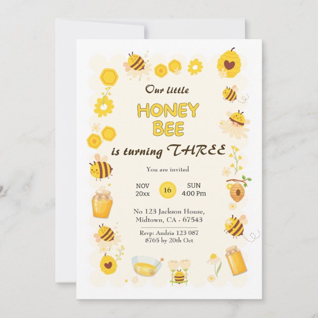 Cute adful honey Bee tema 3:e födelsedag Inbjudningar (Framsida)