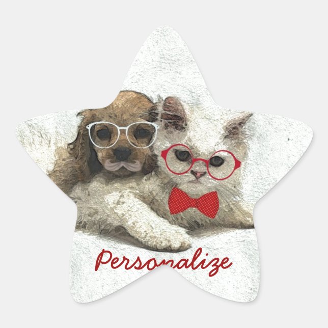 Cute Adful lusy trendig valp och kattunge Stjärnformat Klistermärke (Framsida)