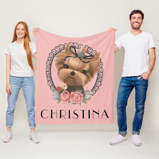 Cute Aditable Yorkie Puppy Rosa Blommigt Fleecefilt (På plats)