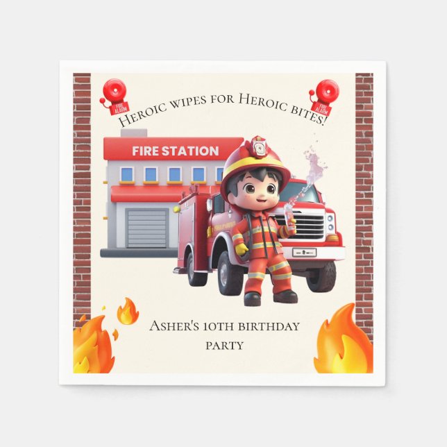 Cute Adorable 3D Firefighter Boy with Fire Truck Pappersservett (Framsidan)
