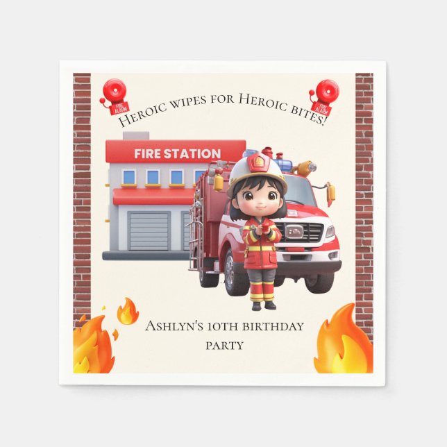 Cute Adorable 3D Firefighter Girl with Fire Truck Pappersservett (Framsidan)