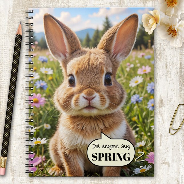 Cute Adorable Bunny Rabbit Spring Notebook Anteckningsbok (Notebook featuring a cute, wide-eyed bunny nestled in a sunny meadow of daisies and wildflowers)