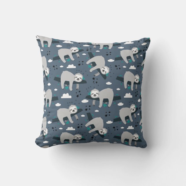 cute adorable gray sloth pattern blue background kudde (Framsida)
