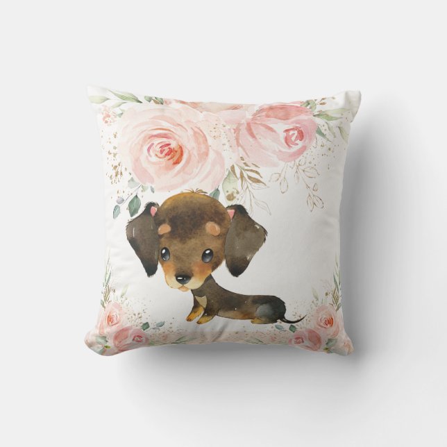 Cute Adress Dachshund Hund  Rosa Blommigt Girl Kudde (Framsida)