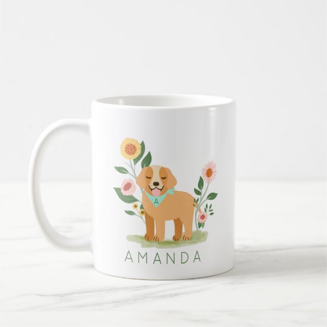Cute Adsible Blommigt Golden Retriever Pet Kaffemugg (Vänster)
