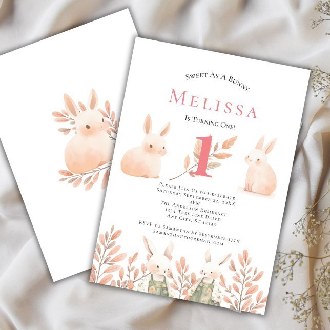 Cute Adsible Bunny Girls 1:a födelsedagsinbjudan Inbjudningar (Girls 1st Birthday Bunny Invitation)