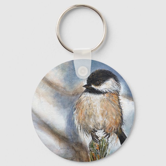 Cute Adsible Chickadee Winter Painting Nyckelring (Framsida)