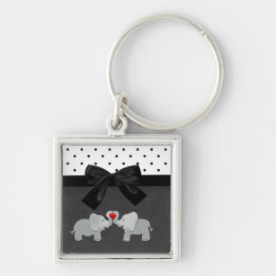 Cute Adsible Elephants,Polka dots,Black Bow Fyrkantig Silverfärgad Nyckelring