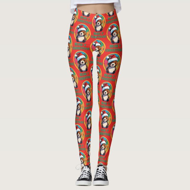 Cute Adsible Kawaii Chibi Bear-y-julbjörn Leggings (Framsida)