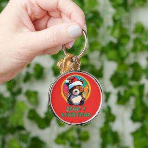 Cute Adsible Kawaii Chibi Bear-y-julbjörn Rund Silverfärgad Nyckelring