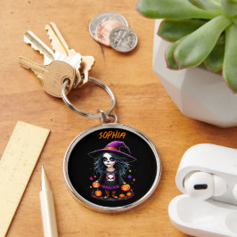 Cute Adsible Kawaii Halloween Witch Rund Silverfärgad Nyckelring