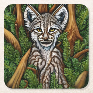 Cute Adsible Little Lynx Kitten Underlägg Papper Kvadrat
