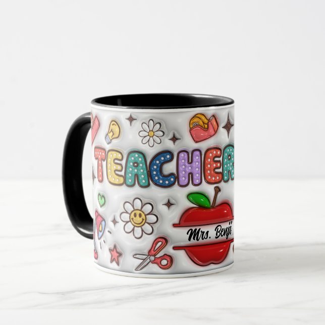 Cute Adsible Teacher Namn 3D Inflated look Design  Mugg (Framsida vänster)