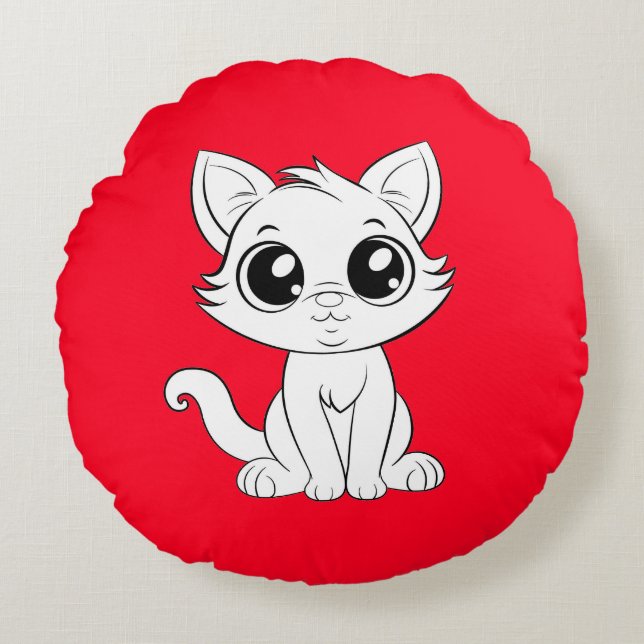 Cute Adsible White Cat Rund Kudde (Framsidan)