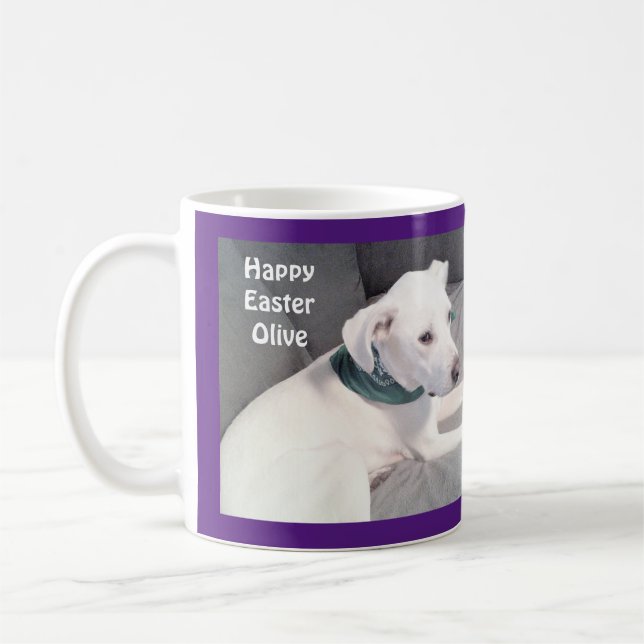 Cute Adsible White Puppy Hund Lila Påsk Gift Kaffemugg (Vänster)