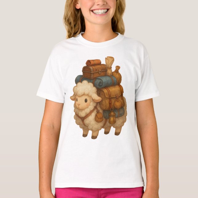 Cute Adventure Sheep with Camping Gear T Shirt (Framsida)