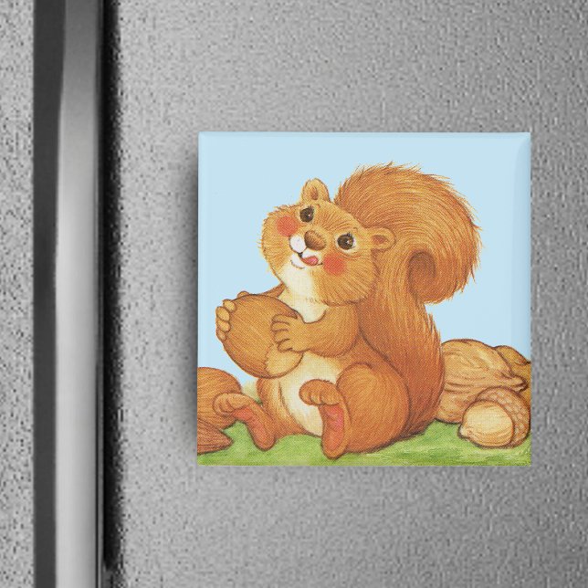 Cute Adworthy Nöt Magnet (Cute red squirrel fluffy tail holding nuts acorns in grass blue sky on square magnet.)