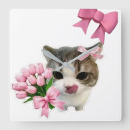 Cute Aesthetic Cat with Pink Bows Wall Clock - Coq Fyrkantig Klocka