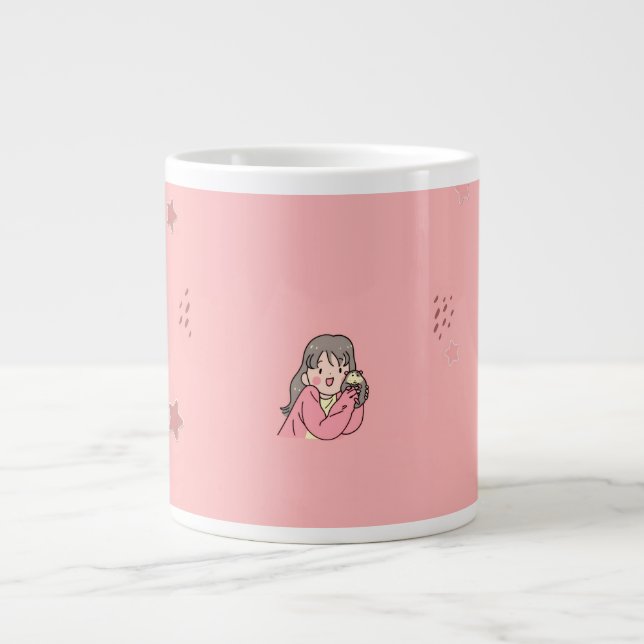 Cute Aesthetic Girl Illustration Pink Coffee Mug Jumbo Mugg (Framsidan)