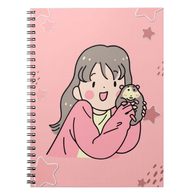 Cute Aesthetic Girl Illustration Pink Spiral Noteb Anteckningsbok (Framsidan)