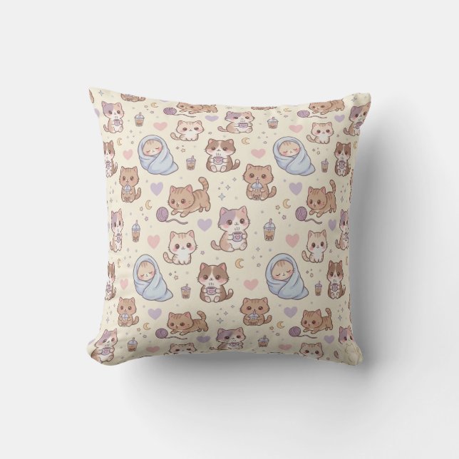 Cute Aesthetic Kitten Pattern Throw Pillow - Cozy  Kudde (Framsida)