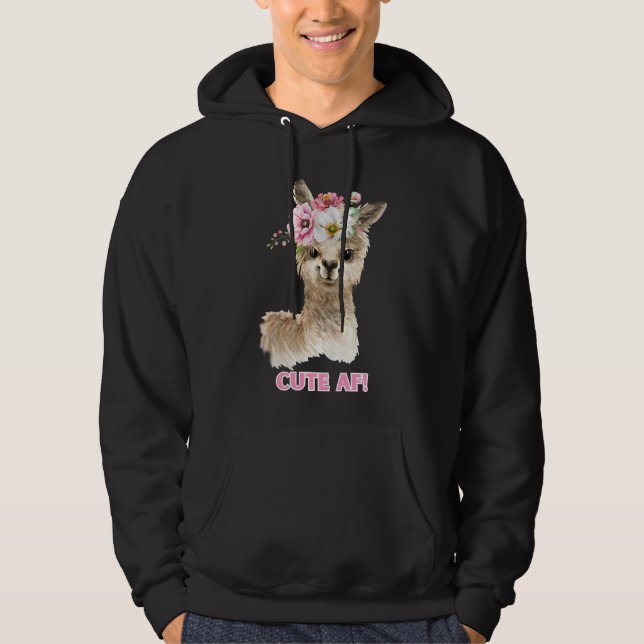 Cute AF! Vattenfärg Llama Design Hoodie (Framsida)