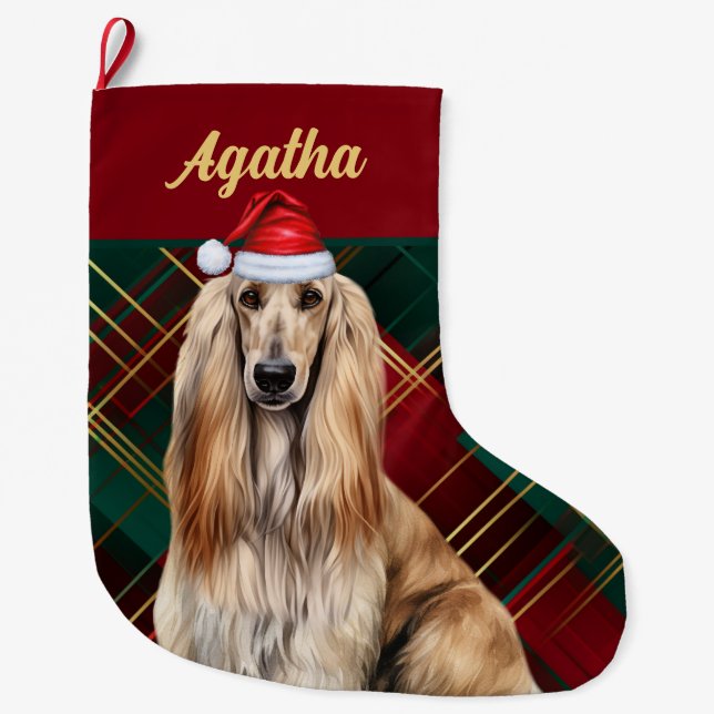 Cute Afghan Hound Dog Holiday Plaid Personalized Stor Julstrumpa (Framsidan)