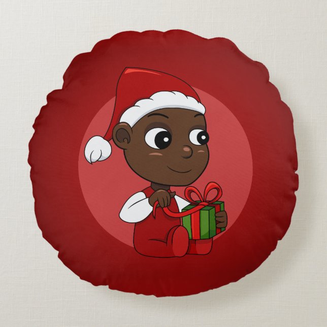 Cute African American baby med julhatt Rund Kudde (Framsidan)
