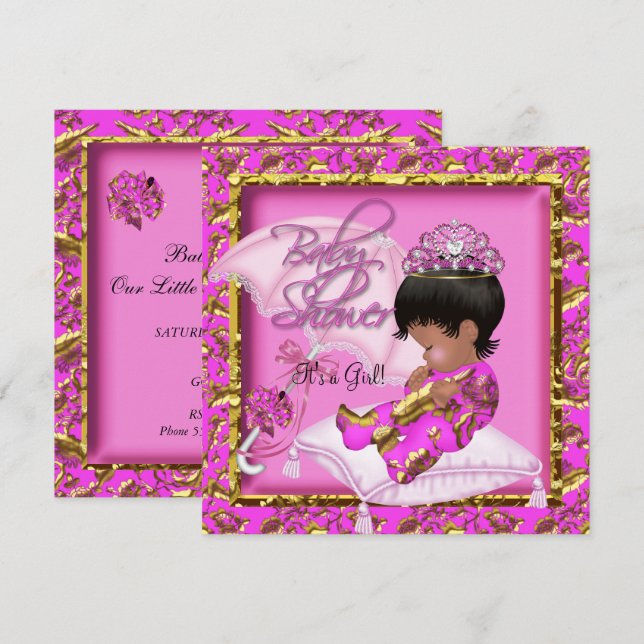 Cute African American Baby Shower Rosa Guld Inbjudningar (Fram/baksida)