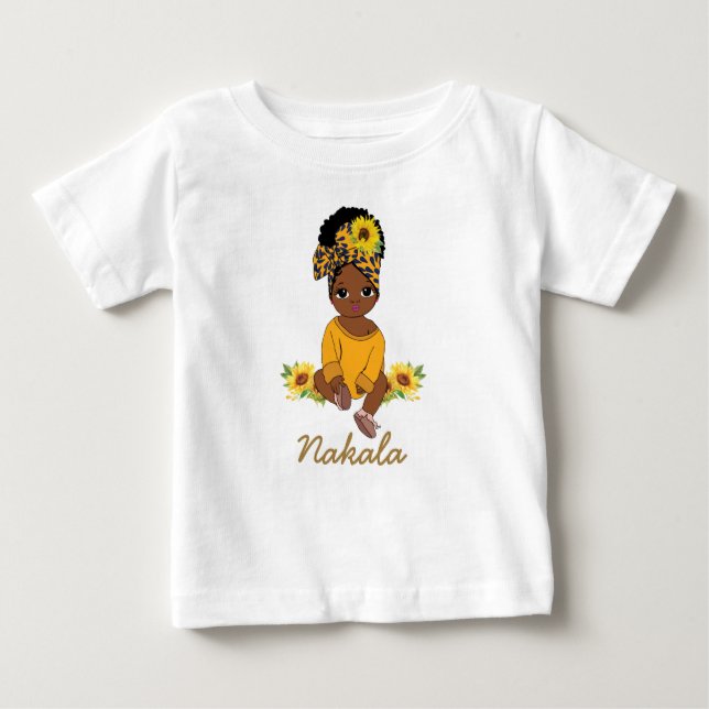 Cute African American Flicka Solros Blommigt T Shirt (Framsida)
