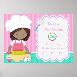 Cute African American Girl Baking Birthday Poster