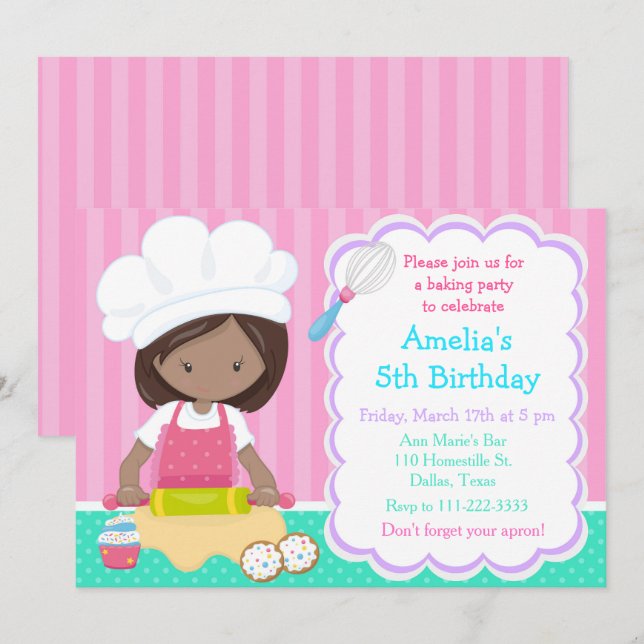 Cute African American Girl Baking Födelsedagsfest Inbjudningar (Fram/baksida)
