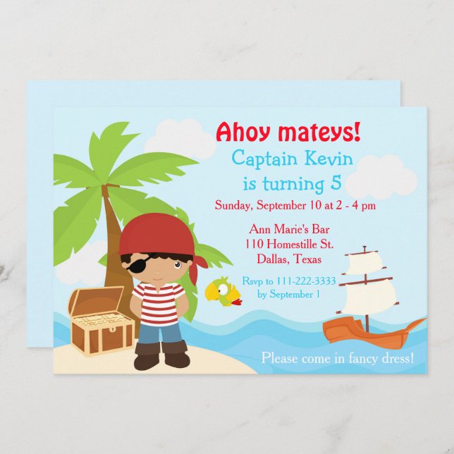 Cute African American Pirat Boy Födelsedagsfest Inbjudningar (Fram/baksida)