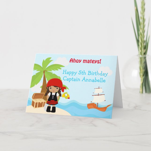 Cute African American Pirat Girl Birthday Red Kort (Framsida)