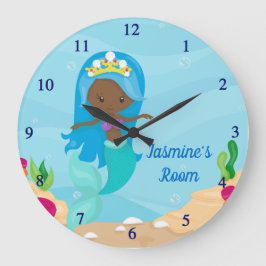 Cute African American Sjöjungfru Beach Girl Kids R Stor Klocka