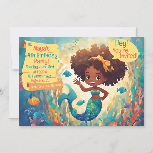 Cute African American Sjöjungfru Birthday bjudande Inbjudningar (Framsida)