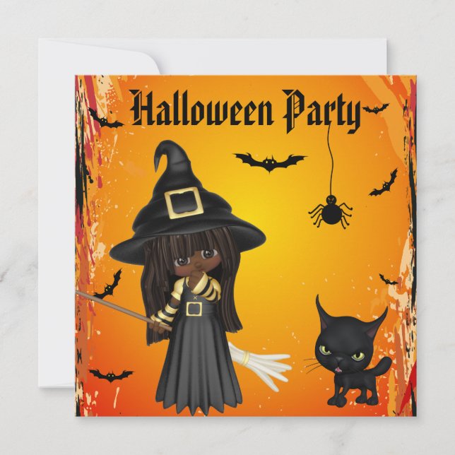 Cute African American Witch & Cat Halloween fest Inbjudningar (Framsida)