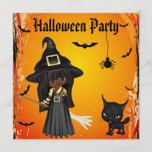 Cute African American Witch & Cat Halloween fest Inbjudningar