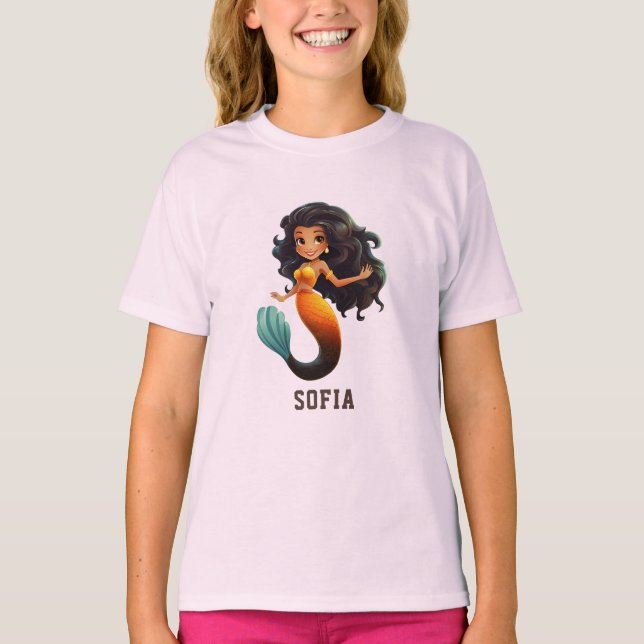 Cute African Sjöjungfru Girl - Custom Name Afro Ki T Shirt (Framsida)